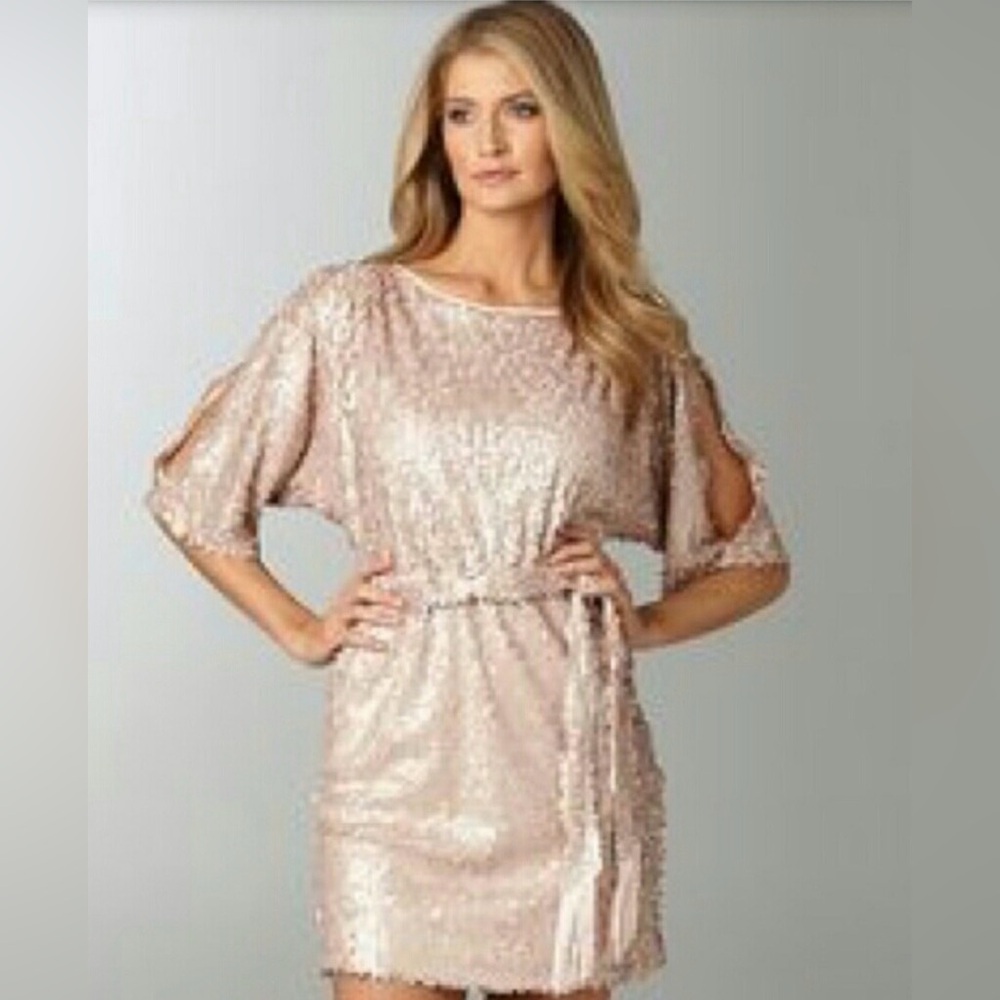 NEW‎ Jessica Simpson Pink Sequin Tie Open Shoulder Mini Dress XS